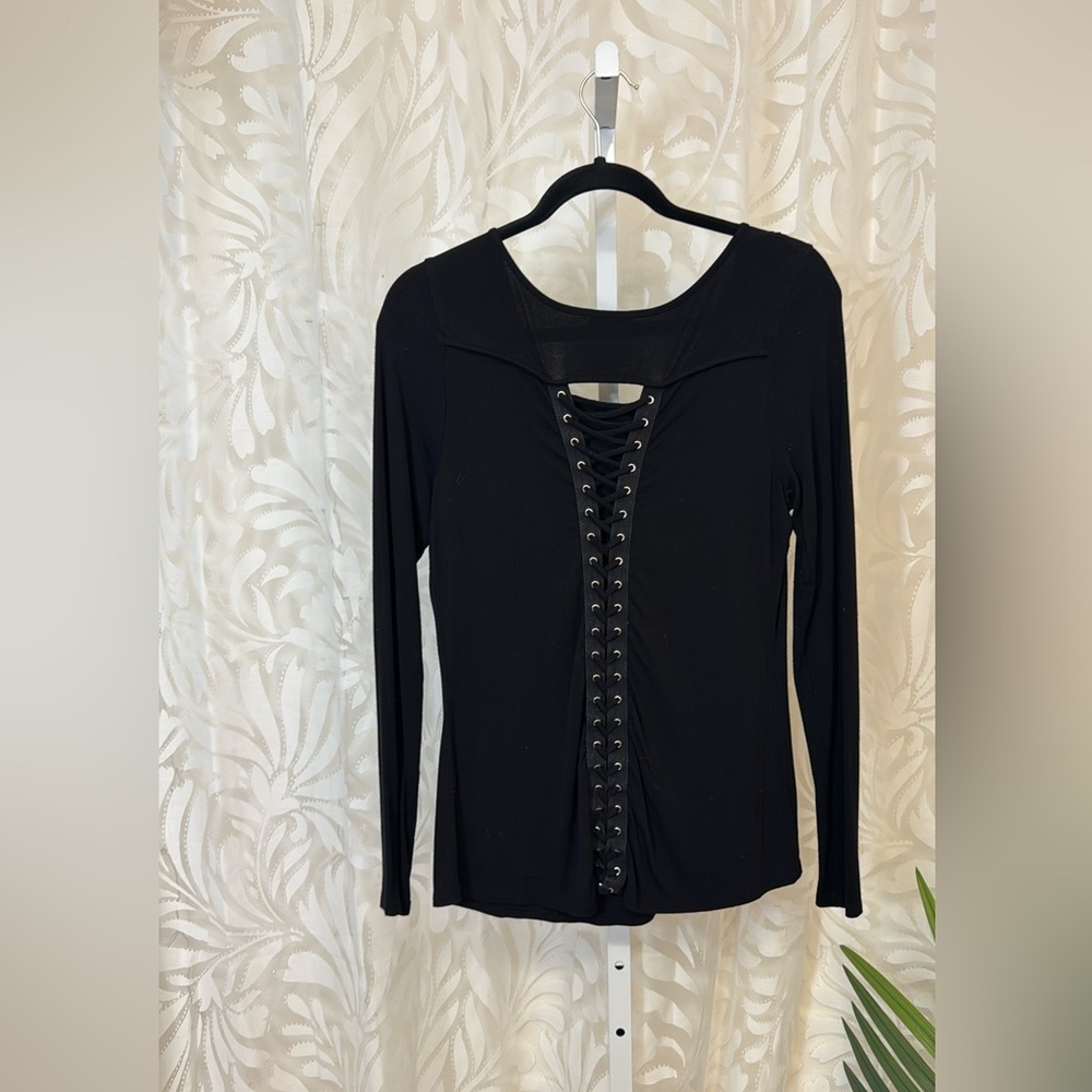VENUS Black Faux Corset Lace-Up Long Sleeve Top